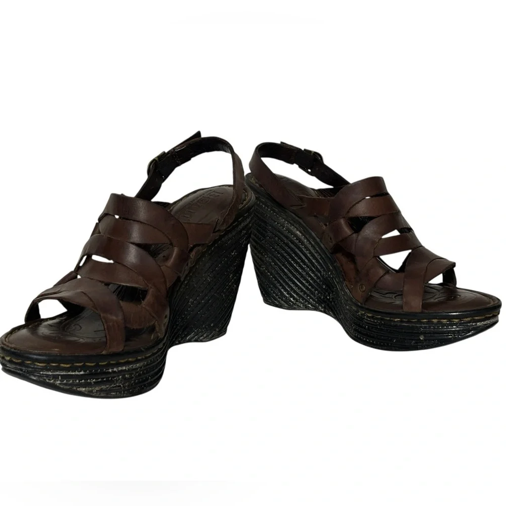 Born Genesis Leather High Heel Wedge Sandals Espresso Brown Women’s Size 7